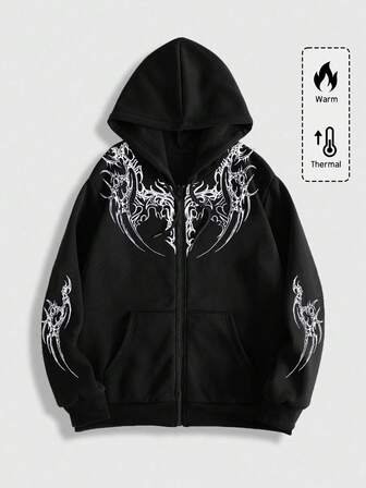 Goth Men's Zipper Closure Drawstring Hooded Long Sleeve Sweatshirt, School, For Fall Winter