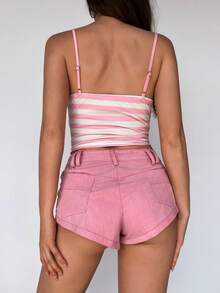 Sweetina Shorts Casuais Femininos de Veludo Cotelê Rosa de Cintura Super Baixa - Rosa chiclete - Visão 2