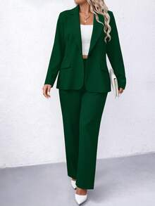 SHEIN Clasi Plus Size Women Solid Color Lapel Collar Long Sleeve Casual Blazer Jacket, Spring & Fall Graduation,Back To School,Teacher Outfits For Women Autumn - Dark Green - View 1