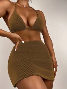 Bonvoyette Women's Summer Beach Solid Color Halter Tie Sexy Bikini Swimwear Set With Cover-Up Skirt, 3 Pieces Set - Coffee Brown - View 3