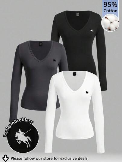 Tseoso 95% katoen 3-delige dames diepe V-hals strakke casual lange basic basis lange mouwen T-shirt pullover set geschikt voor herfst/winter, veelzijdig voor dagelijks gebruik, pony borduurwerk, vintage, zacht meisje, uitjes artikelen, thuis, terug naar school, herfst dameskleding, veelzijdig, oud geld, nieuw geld, cadeau