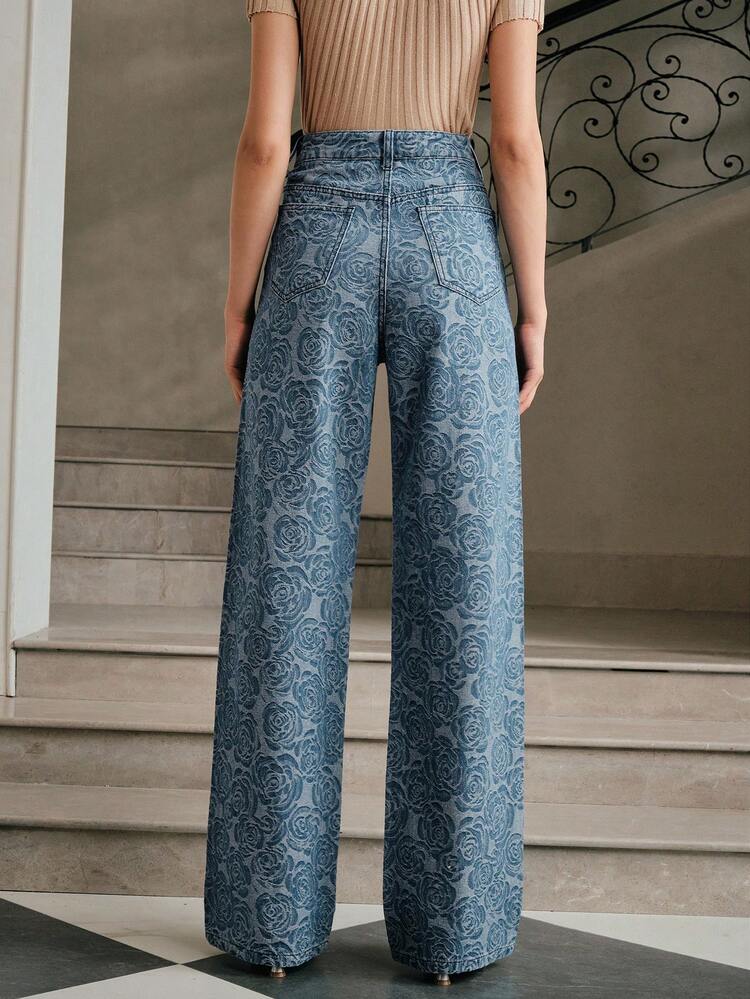 Jeans droits bleus élégants avec décoration de strass brodés pour femmes