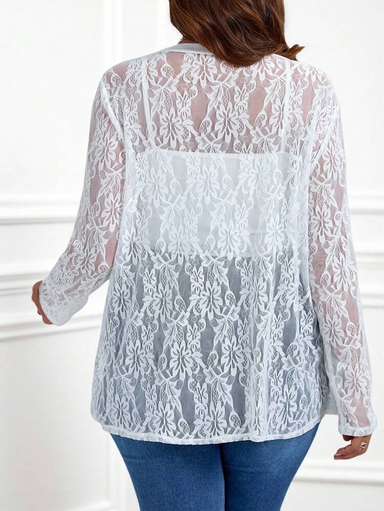 Plus Size White Lace Long Sleeve Sun Protection Jacket For Summer,Spring