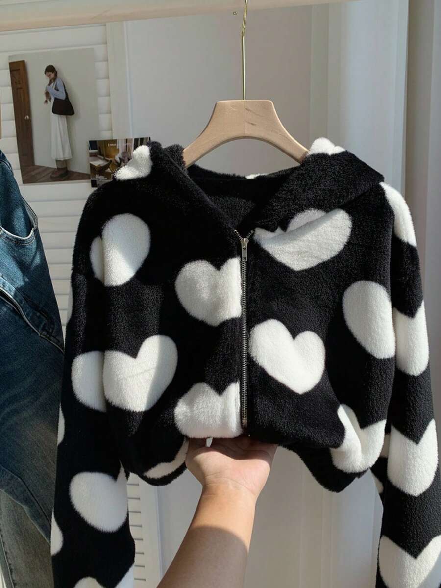 Comfortcana 女式黑白心形图案羊毛混纺连帽休闲夹克，冬季夹克 - 黑與白 - 查看 1