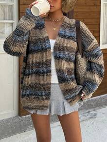 Muchica Women's Colorful Striped Drop Shoulder Long Sleeve Casual Loose Knit Cardigan For Going Out Outfits,  Streetwear, Autumn/Winter - Multicolor - View 3