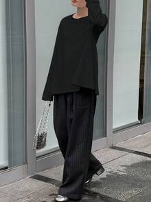 FRIFUL Áo thun dài tay trơn màu thường ngày dành cho nữ, đa năng cho mùa thu - màu đen - Xem 2