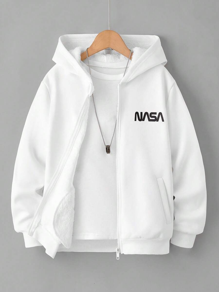 Tween Boys' Casual College Style Graphic Print Hooded Fleece Jacket, Suitable For Autumn/Winter Everyday, Commuting, And School Wear