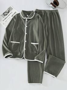 Set de pijamale pentru bărbați, simplu, cu mânecă lungă și pantaloni lungi, în culori solide, pentru adolescenți - Multicolor - Vizualizare 4