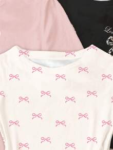 SHEIN 3 件套 Tween 女童修身休闲简约蝴蝶结装饰圆领长袖短款 T 恤，奶油白、奶油粉、深黑色，适合秋冬季 - 彩色 - 查看 6