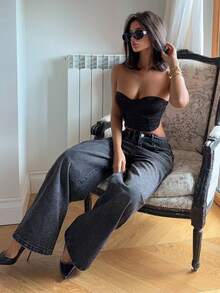 Ronhire Quần Jeans Ống Rộng Phong Cách Phương Tây Cho Nữ, Quần Jeans Rộng Baggy - Màu xám đen - Xem 4