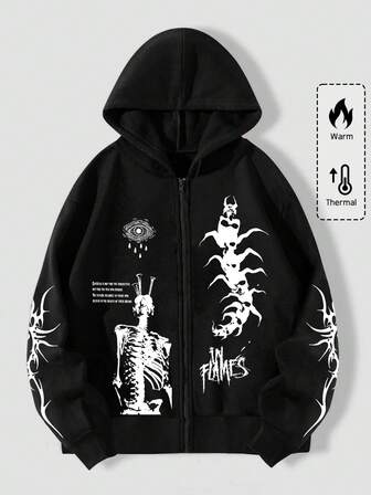 Grunge Punk sweat-shirt à capuche décontracté à zip avec slogan gothique et graphique de crâne pour hommes