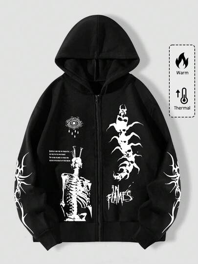 Grunge Punk Sudadera con capucha casual con cremallera, gráfico de calavera y eslogan gótico para hombres