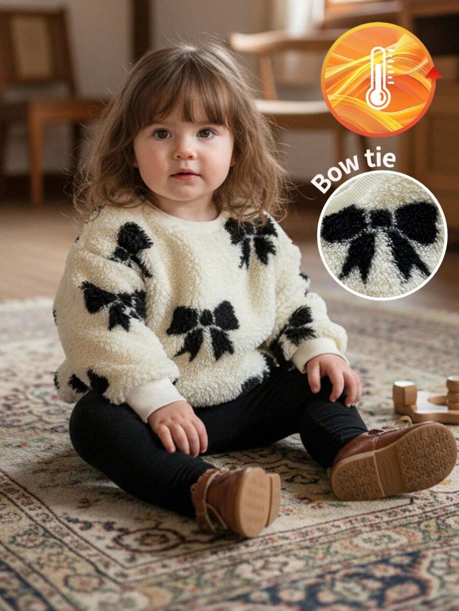 LMoss Kids LMoss 女婴针织毛绒小熊图案休闲圆领卫衣，女婴套头衫，上衣，蝴蝶结图案，长袖上衣，舒适的秋冬款式，套头衫，圣诞节 - 彩色 - 查看 1