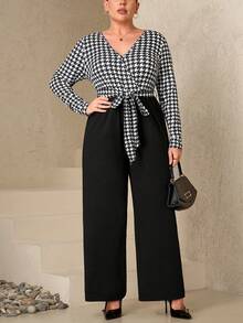 Chikora Plus Size Women's Jumpsuit,Black And White Elegant Patchwork Long Sleeve Pants,Autumn Dinner Work Commute Jumpsuit - Black and White - View 3