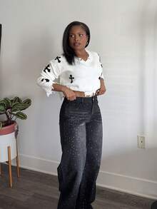 Tyla Gomez 复古性感修身洗水钻缀饰阔腿牛仔裤 牛仔裤 闪光牛仔裤 水钻牛仔裤 - 黑色 - 查看 5