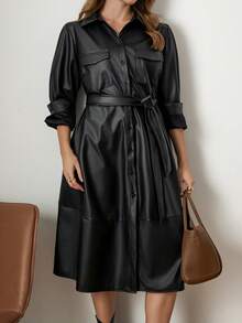 Zelara Christmas Plus Size Solid Color PU Leather Waist Tie Elegant Long Sleeve Dress  Black Dress Black Dresses For Women  Elegant Dress Women Elegant Dresses For Women New Year Look Clothes For New Year New Year Clothes Winter Dress Women Maija Fall Winter 2025 Women Maija 2025 Winter Clothes For Women Women's Winter Coat Black Dresses For Women Black Dress Winter Dresses For Women