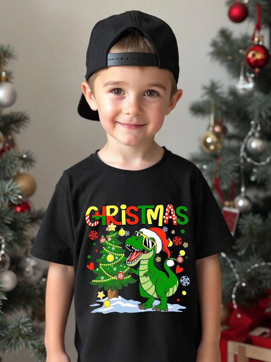 SHEIN 男童休闲经典圣诞图案 T 恤，圣诞老人恐龙、圣诞灯、圣诞礼物、圣诞老人、圣诞树印花圆领短袖 T 恤，适合秋冬季和圣诞节 - 黑色 - 查看 1