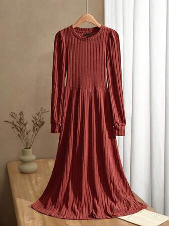 EMERY ROSE Women's Round Red Dress Neck Lantern Sleeve Ribbed Bodycon Winter Dress