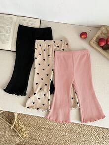 LMoss Kids 3pcs Baby Girl Knitted Solid Color Heart Pattern Bodysuit & Flare Pants Set - Multicolor - View 5