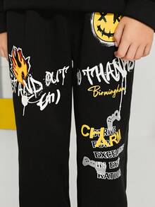 Leap Crew 2 件 Tween Boy 休闲街头涂鸦连帽运动衫和运动裤针织运动服套装，适合通勤、上学、休闲、旅行、运动、春夏秋冬、抓绒、加厚、搭配兄弟装 - 黑色 - 查看 11