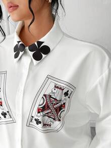 Elenzga 大码女式白衬衫，大码女式扑克印花衬衫，大码女式设计款白衬衫，大码女式开领白衬衫，四季皆宜 - 杏色 - 查看 2