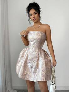 SHEIN Raffinéa Váy xòe bồng bềnh satin jacquard thời trang xuân/thu dành cho nữ, váy ngắn ngọt ngào và gợi cảm cho các buổi hẹn hò, tiệc tùng, ngày lễ - Màu Hồng baby - Xem 4