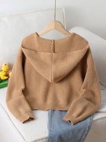 SHEIN Genkimix Kids 青少年女孩休闲纯色短款开衫，柔软舒适的卡其色拉链针织毛衣，适合日常、户外、旅行、度假、居家、托儿所穿着