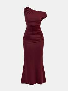 Girlism Elegant Ruffle Mermaid Hem Asymmetric Shoulder Club Party Dress For Teen Girls