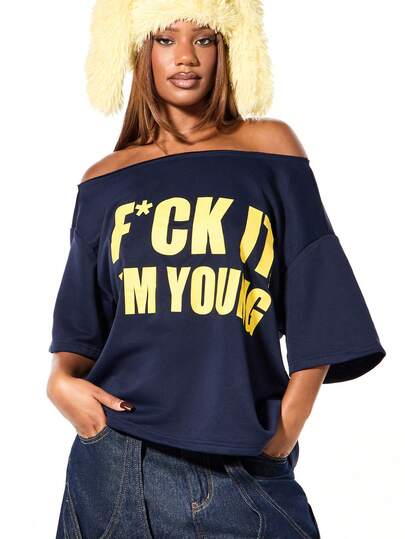 SUMWON WOMEN Boxy Fit Off Shoulder Graphic Statement Sweatshirt With Bold Typography Print Oversized Casual Top