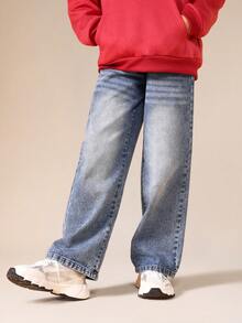 SUMWON Wide Leg Straight Denim Jeans For Tweens With Distressed Light Wash Effect - Medium Wash - View 5