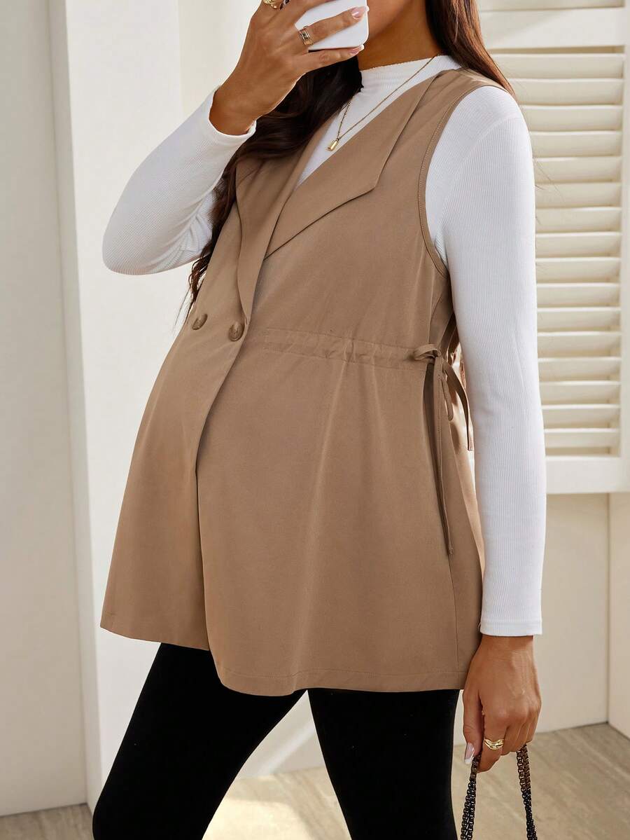 SHEIN 孕妇纯色翻领双排扣侧系腰休闲无袖夹克,秋季 - 卡其色 - 查看 1