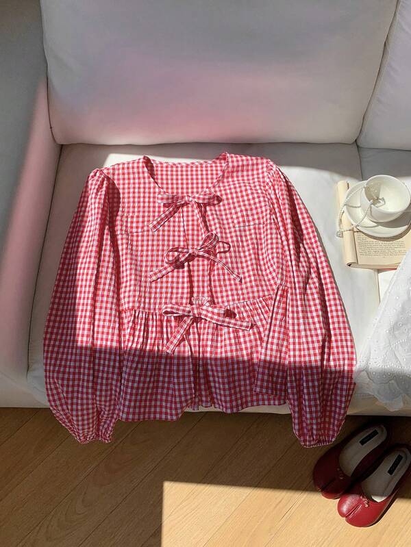 Comfortcana Plus Size Early Autumn Red Plaid Long Sleeve Bow-Tied Blouse