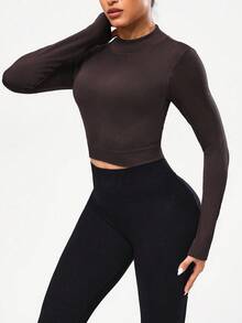 SHEIN Sports 女式纯色露背十字交叉设计长袖修身运动T恤 - 咖啡棕 - 查看 3