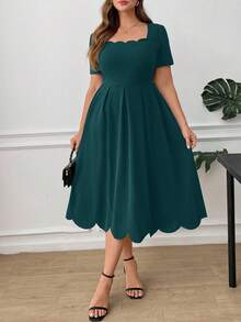 Ellevyn Plus Size Elegant Women Dress With Square Neckline And Shell Trim, Solid Color - Dark Green - View 4