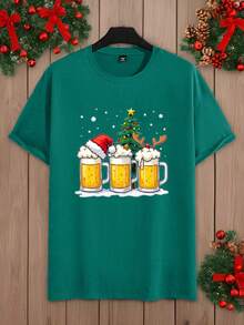 Manfinity RelaxMax Camiseta gráfica de manga corta y cuello redondo casual de Navidad para hombres, versátil para el verano - Verde - Ver 2