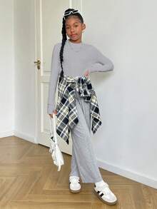 SHEIN Conjunto de 2 camisetas femininas de manga comprida com gola alta canelada e forro térmico, modelagem ajustada, versáteis para o uso diário no outono/inverno. - Cinza claro - Ver 4