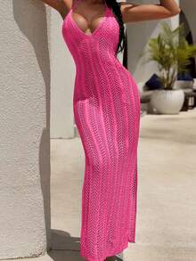 Bonvoyette Của phụ nữ Xu hướng: Cắt giảm Halter Neck Dây thắt lưng Che phủ Đầm - Màu Hồng Tươi - Xem 4