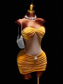 Amplova Women's Mustard Yellow Velvet Mini Skirt,Y2K 70s &Avant-Garde Ruched Waist,Suitable For Summer Party,Christmas,Gala,New Year&Thanksgiving - Champagne - View 13