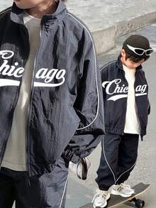 SHEIN 2 件青少年男孩休闲运动套装：插肩袖立领夹克，带装饰带和松紧腰裤，适合通勤、上学、日常休闲、旅行、运动，加厚羊毛，适合春季、夏季、秋季、冬季