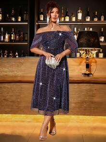 Cravure Große Größen Elegantes Partykleid mit Schulterausschnitt für Damen - Violett - Übersicht 6