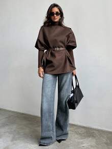 Aloruh Abrigo capa de cuello redondo de unicolor para mujer, abrigo marrón, chaleco, chaqueta sin mangas de color chocolate, estilo "Old Money", elegante para mujer, abrigo de negocios casuales, chaqueta de oficina, abrigo de invierno chic para mujer, moda para otoño/invierno - Café integral - Ver 4