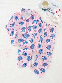 2pcs/Set Girls Casual Rabbit Print Long Sleeve Top And Pants Comfortable Pajama Set - Pink - View 1
