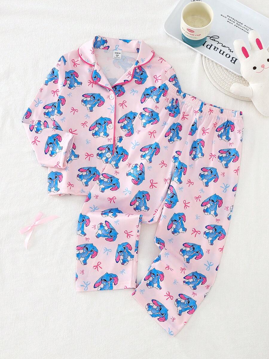 2pcs/Set Girls Casual Rabbit Print Long Sleeve Top And Pants Comfortable Pajama Set - Pink - View 1