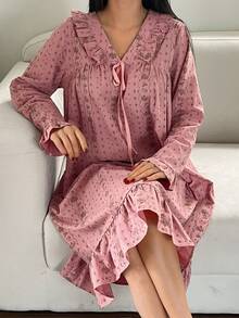 DAZY Floral bedruckter Rüschen-Saum locker sitzender Damen Nachthemd, Winter