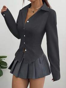 Flirla 女士休闲纯色束腰衬衫 - 深灰色 - 查看 4