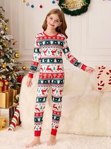 SHEIN 青少年女孩休闲时尚百搭针织圆领可爱卡通印花 T 恤和格子紧身裤睡衣套装，圣诞节搭配家庭家居服 - 彩色 - 查看 5