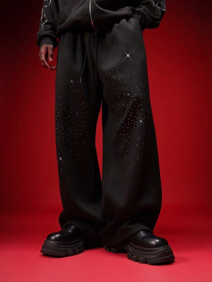 SUMWON 宽松版型水钻装饰星空运动裤，抽绳腰带，宽松阔腿，休闲街头风纯色款 - 黑色 - 查看 1