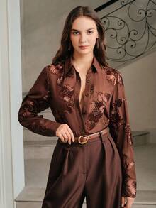 Anewsta Women's Elegant Retro French Floral Embroidery Sheer Blouse, Autumn Women Shirt - Brown - View 4