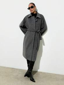 Maija 女士纯色插肩袖腰带设计休闲外套，秋冬款 - 灰色 - 查看 7