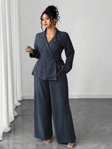 Elenzga Bộ đồ vest hai mảnh phong cách Pháp thanh lịch, giản dị, đi làm, đi nghỉ, cổ áo kiểu Tây, nơ chéo, hai túi bên, quần ống đứng rộng rãi, bộ đồ vest hai mảnh thời trang xuân/thu/đông, bộ đồ vest hai mảnh dành cho nữ, bộ đồ vest nữ - Màu xám đen - Xem 3